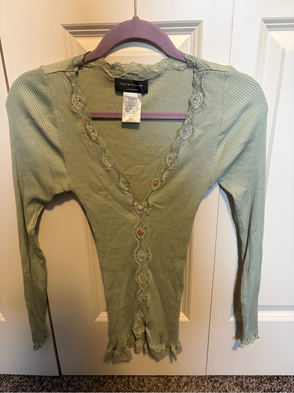 Rosemunde Pastel Green Lace-Trim Ribbed Cardigan